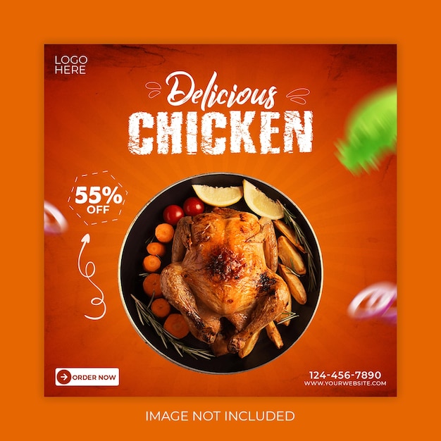 Plantilla de banner de publicación de redes sociales de menú de comida de pollo delicioso