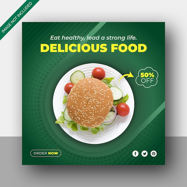 Plantilla de banner de publicación de redes sociales de menú de comida de promoción de hamburguesa deliciosa