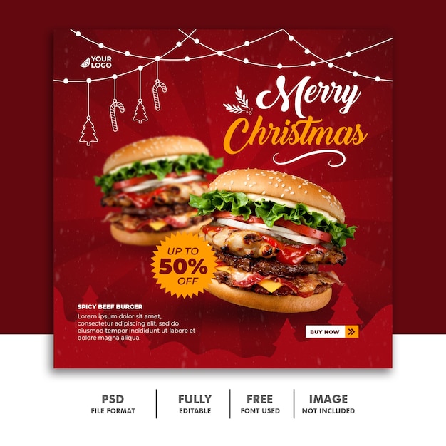 Plantilla de banner de publicación de redes sociales de navidad para menú de restaurante de comida