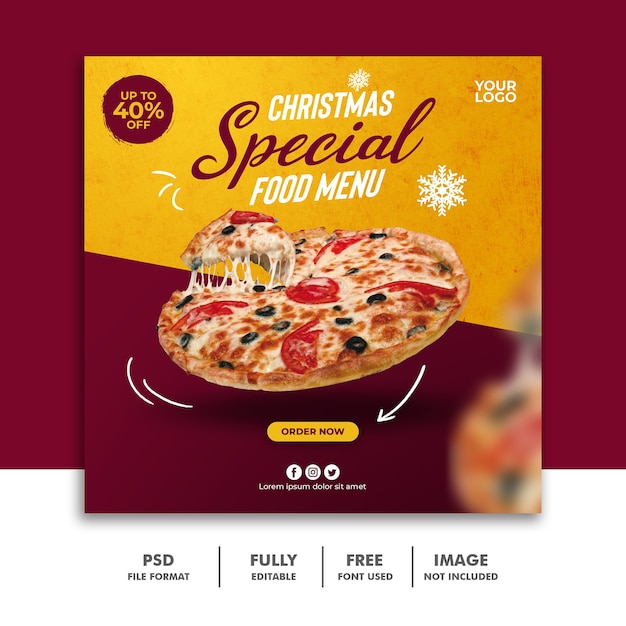 Plantilla de banner de publicación de redes sociales de navidad para restaurante menú de comida rápida pizza