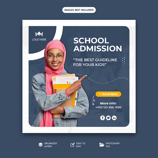 Plantilla de banner de publicación de redes sociales de niña árabe de admisión a la escuela con estudiante lindo