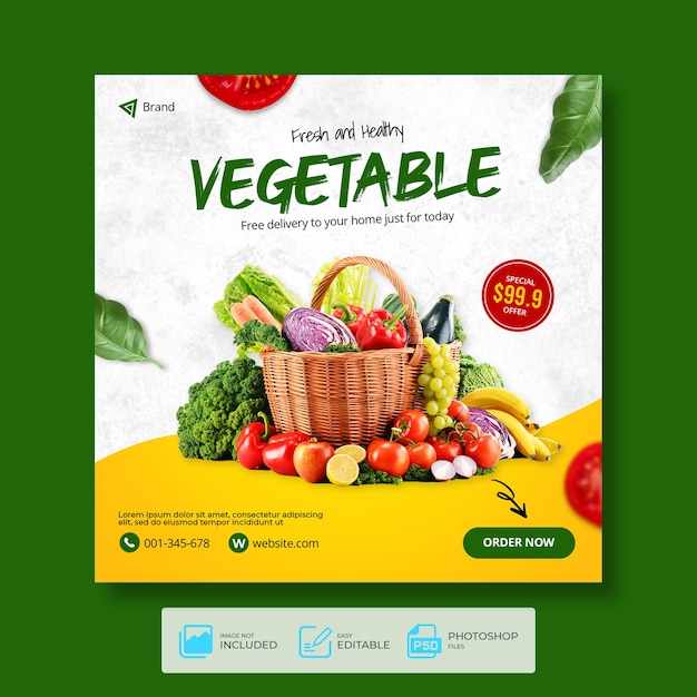Plantilla de banner de publicación de redes sociales de promoción de vegetales de alimentos saludables