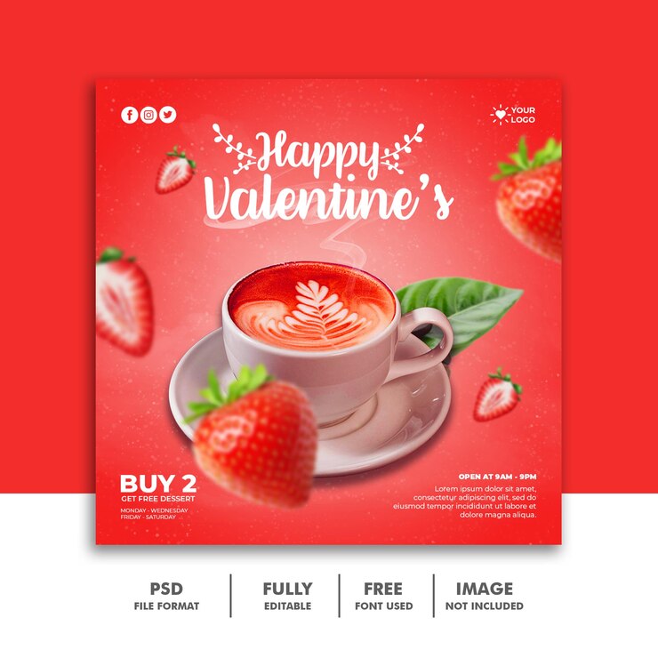 PSD plantilla de banner de publicación de redes sociales de san valentín para menú de comida