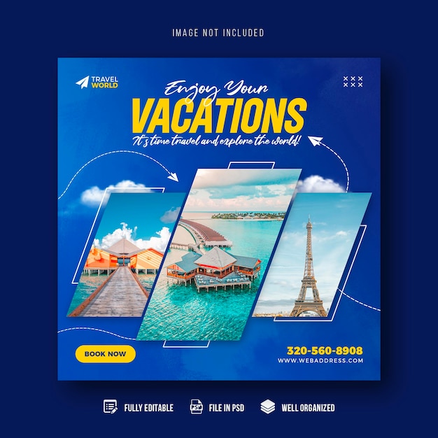 Plantilla de banner de publicación de redes sociales de viajes y turismo o diseño de publicación de instagram de vacaciones de viaje