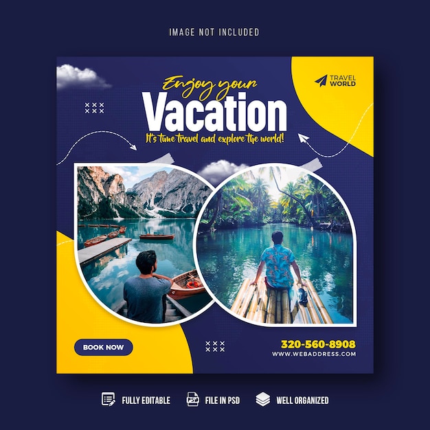 Plantilla de banner de publicación de redes sociales de viajes y turismo o diseño de publicación de instagram de vacaciones de viaje