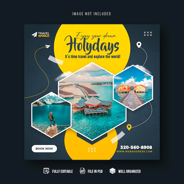 Plantilla de banner de publicación de redes sociales de viajes y turismo o diseño de publicación de instagram de vacaciones de viaje