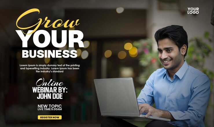 plantilla de banner publicitario de webinar con un joven indio en vestido formal