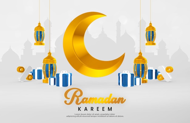 Plantilla de banner de ramadan kareem con composición creativa de objetos 3d