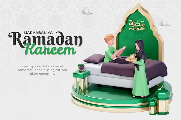 Plantilla de banner de ramadan kareem con personaje de pareja musulmana 3d