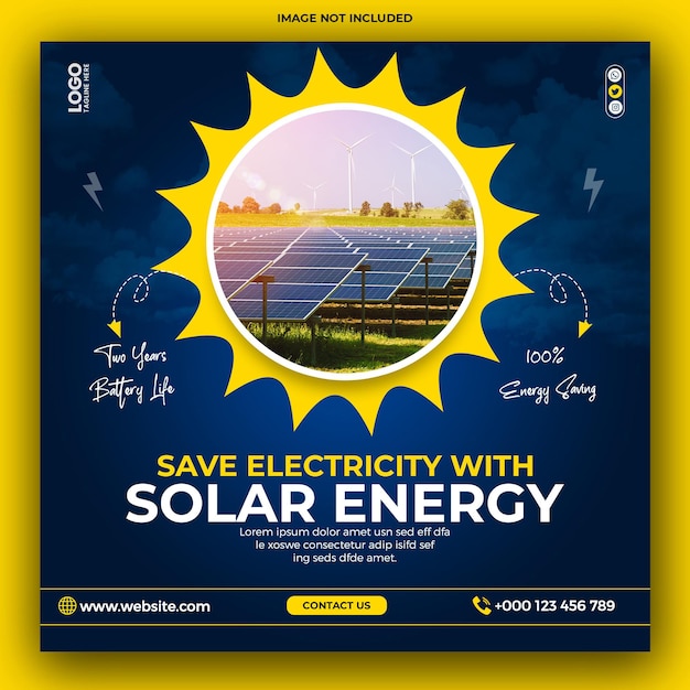 Plantilla de banner de redes sociales cuadrado de energía solar renovable y sostenible