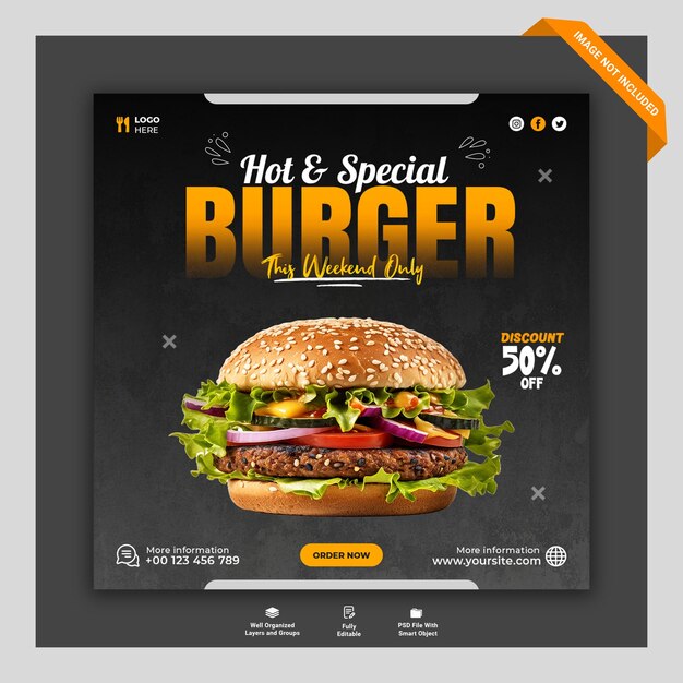 PSD una plantilla de banner de redes sociales con un delicioso menú de hamburguesas y comida