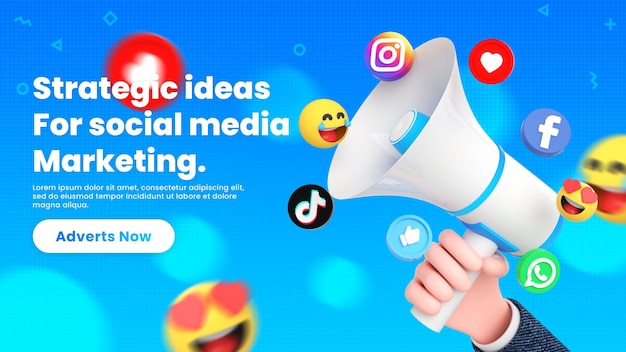 Plantilla de banner de redes sociales con logotipos de redes sociales e icono alrededor de megáfono 3d