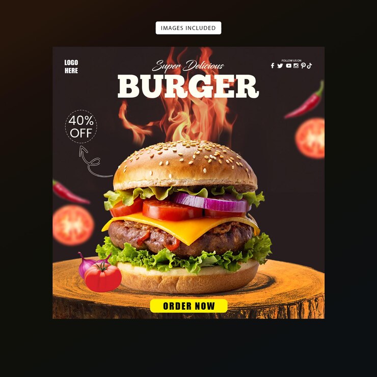 Plantilla de banner de redes sociales de menú de comida y hamburguesas deliciosas