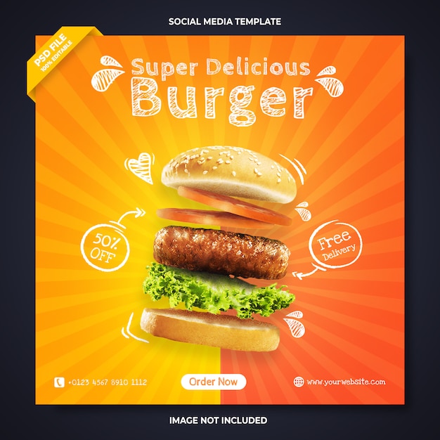 Plantilla de banner de redes sociales de promoción de hamburguesas súper deliciosa