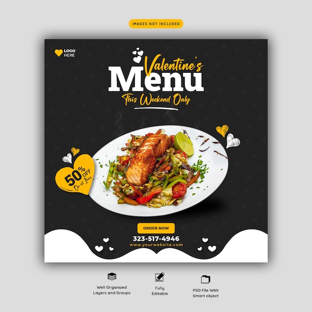 Plantilla de banner de redes sociales de restaurante y menú de comida de san valentín