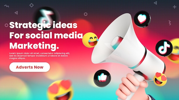 Plantilla de banner de redes sociales tiktok con logotipos de redes sociales e ícono alrededor de megáfono 3d