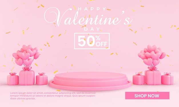 Plantilla de banner de saludo de venta de feliz día de san valentín con render 3d de podio