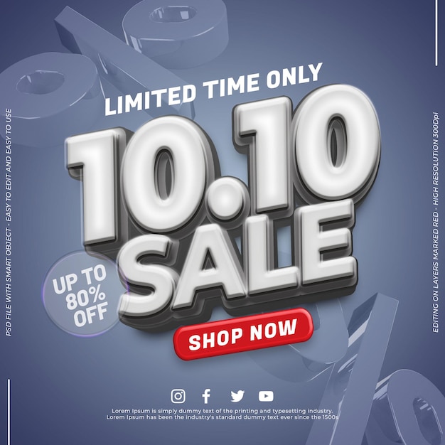 Plantilla de banner de venta del día de compras en línea 1010 con efecto de estilo 3d editable