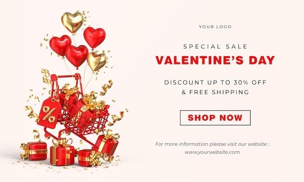 PSD plantilla de banner de venta de día de san valentín con decoraciones románticas de san valentín en 3d