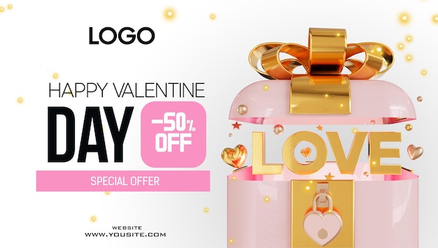 plantilla de banner de venta de día de san valentín realista render 3d corazón candado dorado