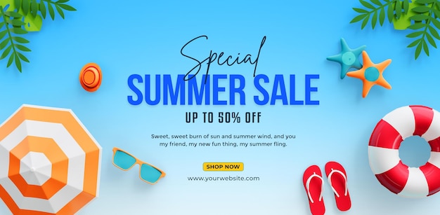 PSD plantilla de banner de venta especial de verano con elementos de playa