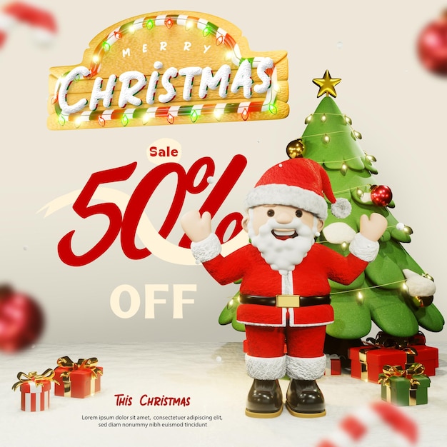 PSD plantilla de banner de venta de feliz navidad con 3d santa claus y árbol de navidad