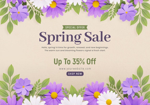 PSD plantilla de banner de venta de primavera con flores florecientes