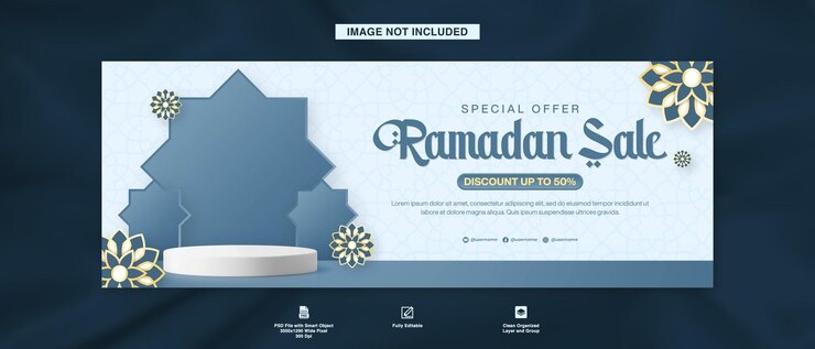 PSD plantilla de banner de venta de ramadán para el diseño de portada de facebook con exhibición de productos