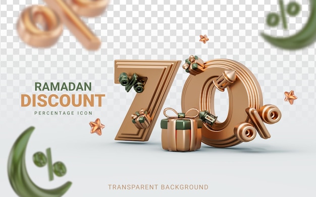 Plantilla de banner de venta de ramadán y eid descuento 70 por ciento 3d render caja de regalo de linterna de luna creciente