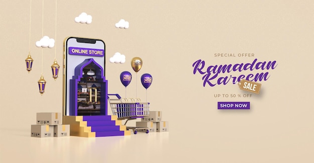 Plantilla de banner de venta de ramadan kareem con compras en línea 3d en aplicaciones móviles