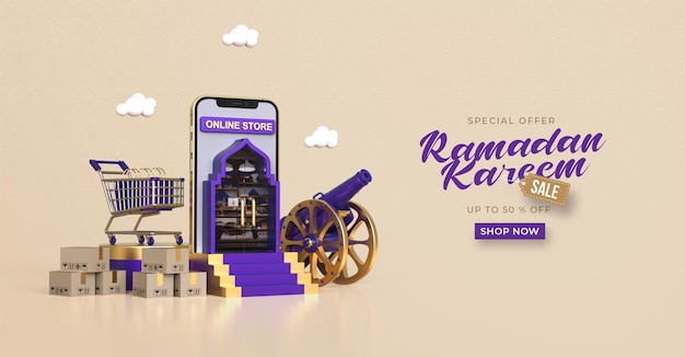 Plantilla de banner de venta de ramadan kareem con compras en línea 3d en aplicaciones móviles