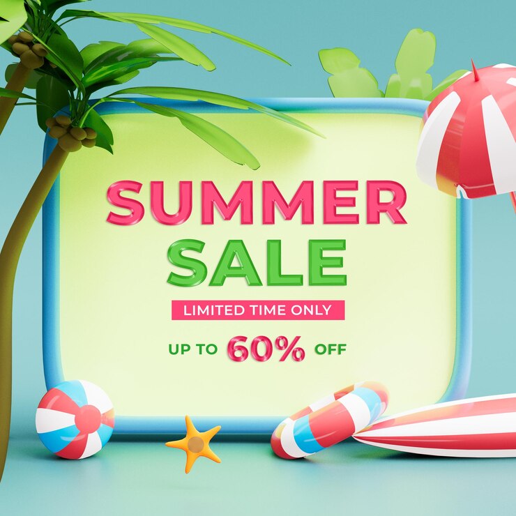 PSD plantilla de banner de venta de verano con composición de elementos de verano 3d