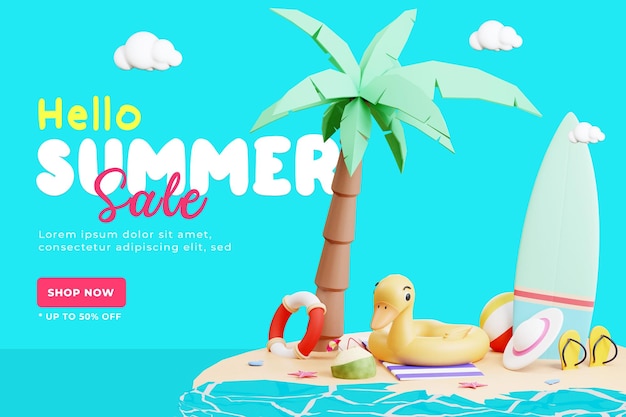 Plantilla de banner de venta de verano con ilustración 3d