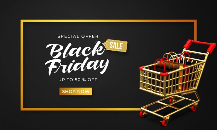 PSD plantilla de banner de venta de viernes negro con bolsas de compras 3d en carrito de compras