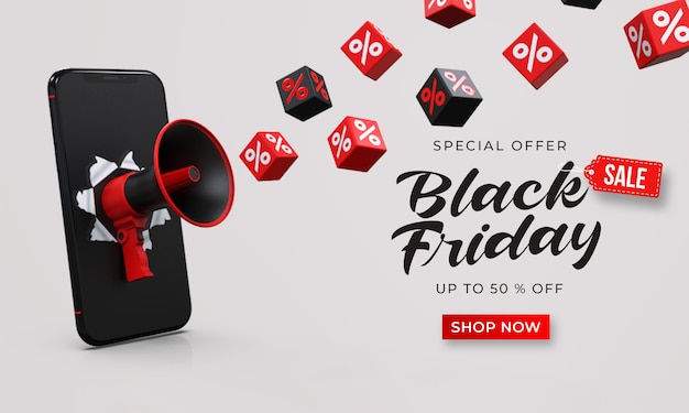 Plantilla de banner de venta de viernes negro con megáfono 3d del teléfono inteligente y cubos con porcentaje