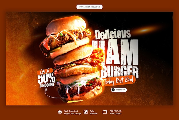 Plantilla de banner web de deliciosa hamburguesa y menú de comida