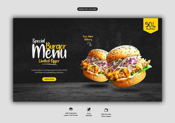 PSD plantilla de banner web de deliciosa hamburguesa y menú de comida