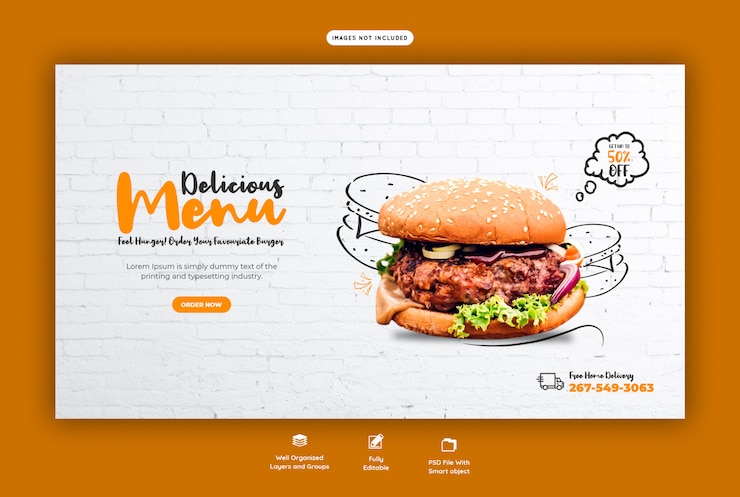 PSD plantilla de banner web de deliciosa hamburguesa y menú de comida
