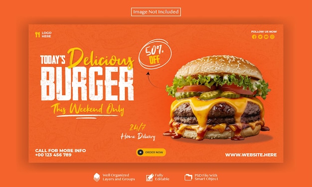 Plantilla de banner web de deliciosa hamburguesa y menú de comida