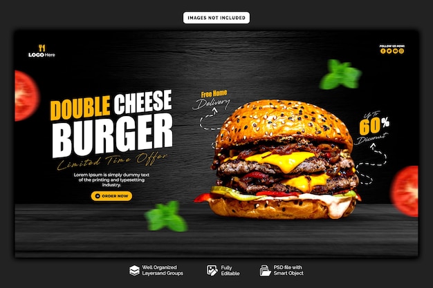 Plantilla de banner web de deliciosa hamburguesa y menú de comida