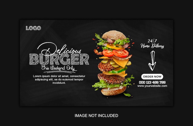 Plantilla de banner web de deliciosa hamburguesa y menú de comida