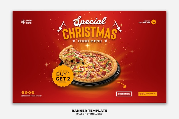 Plantilla de banner web navideño para pizza de menú de comida rápida de restaurante