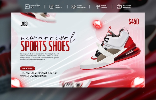 Plantilla de banner web o publicación de redes sociales de venta de zapatos deportivos