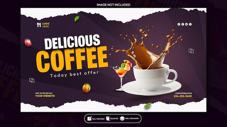 PSD plantilla de banner web de promoción de cafeterías en las redes sociales