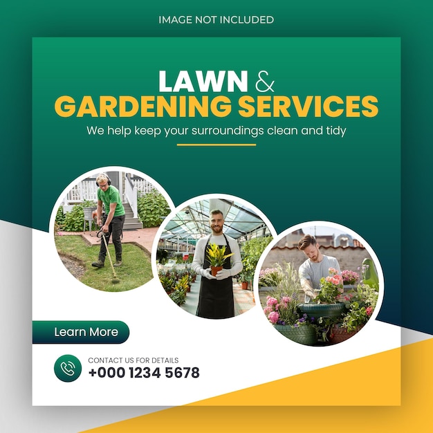 Plantilla de banner web de publicación en redes sociales para servicios de jardinería o césped