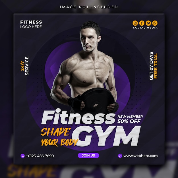 Plantilla de banner web de volante cuadrado de instagram de publicación de redes sociales de gimnasio