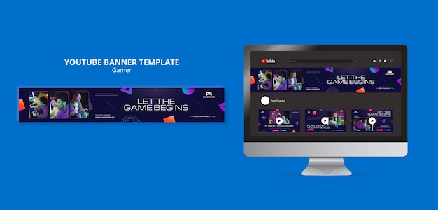 Plantilla de banner de youtube de videojuegos con formas geométricas degradadas