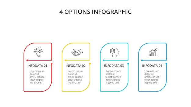 Plantilla de banners infográficos de cuatro líneas finas para presentación con 4 opciones
