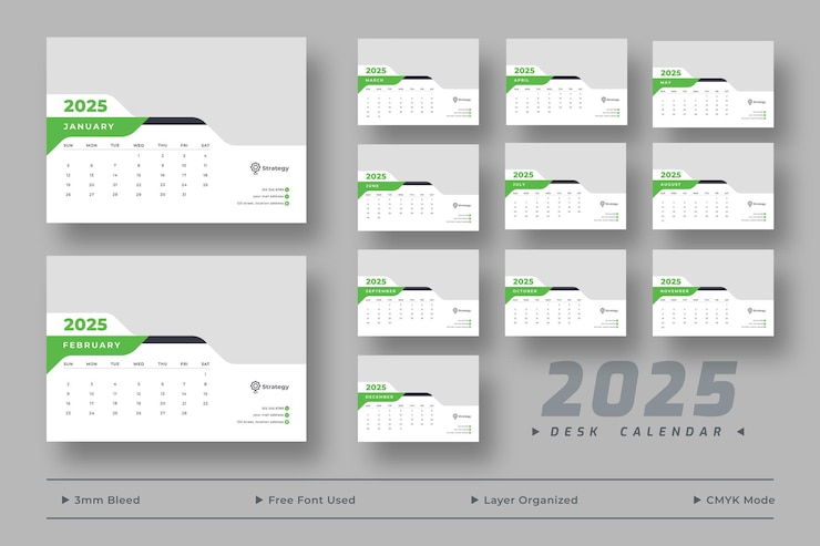 PSD plantilla de calendario de escritorio de 2025 plantilla de planificador mensual de calendario de oficina de negocios corporativo de 2025