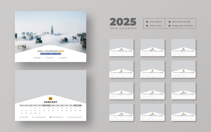 PSD plantilla de calendario de escritorio para el año 2025 planificador de calendarios de escritorio